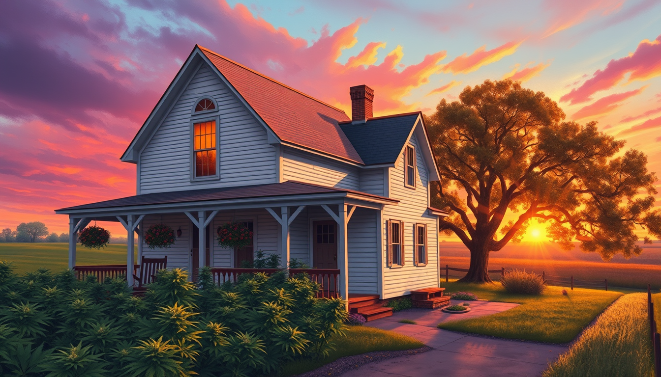 Me Maw's old white Gothic farmhouse at golden hour, cannabis garden beside the porch, psychedelic Iowa sunset